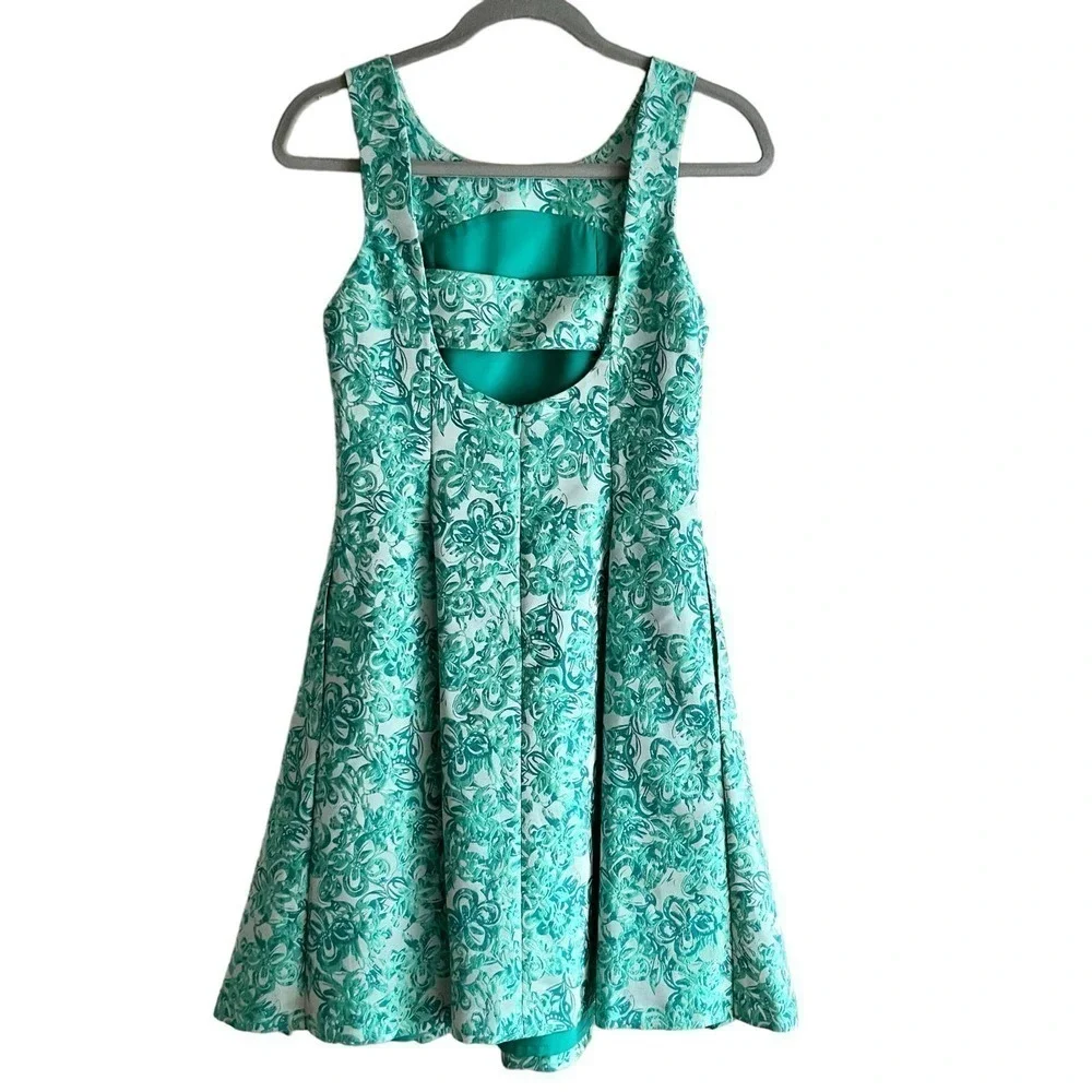 Yoana Baraschi Fit & Flare Jacquard‎ Cocktail Dress in Green Florals, Size 2